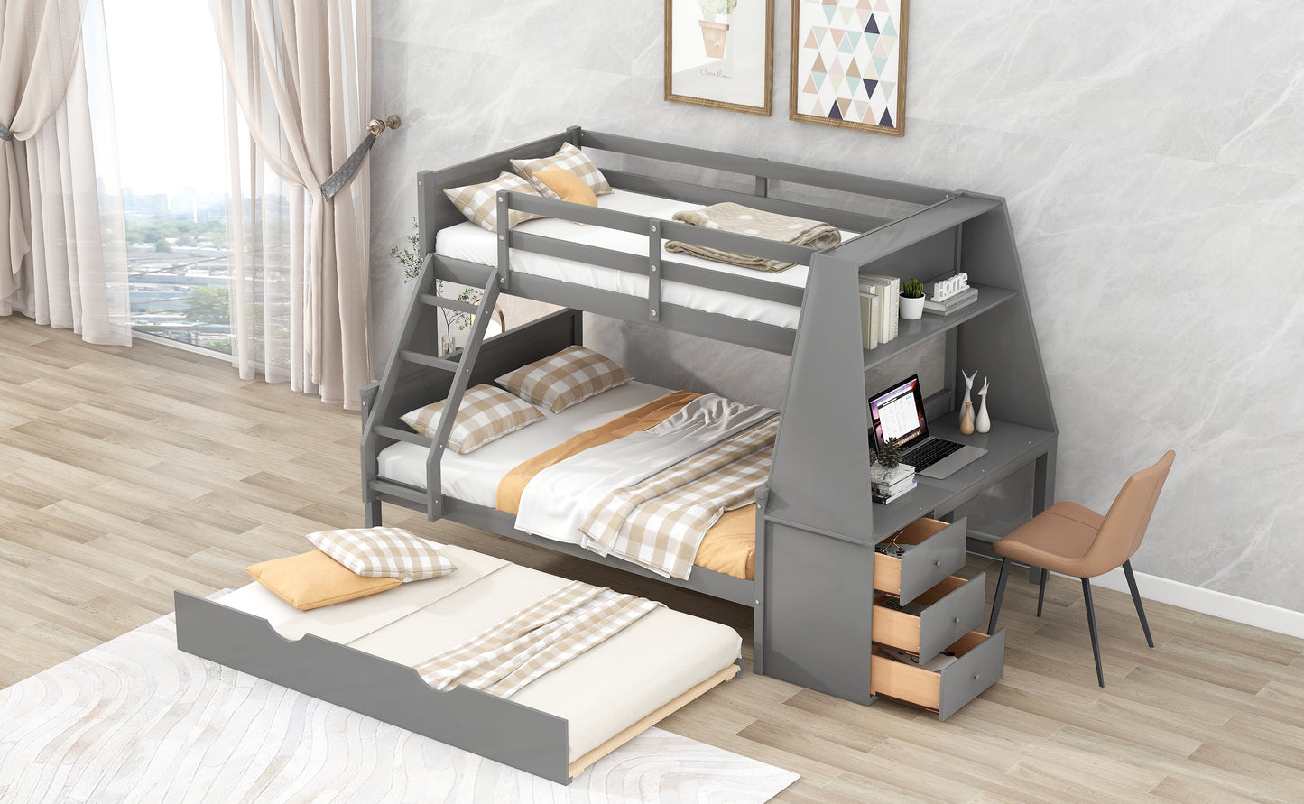 Double bed over full bunk bed with built-in tronde and desk, three storage drawers.