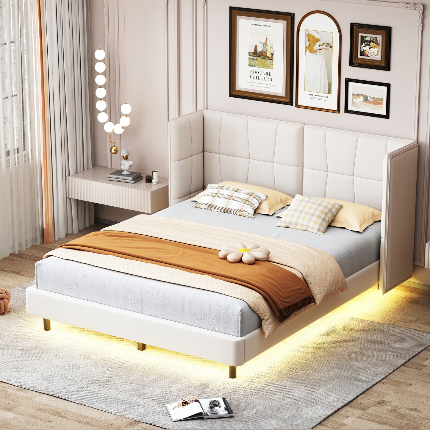 Cama Queen Size con plataforma tapizada, luces LED y cabecero en forma de U, tela de lino, color beige