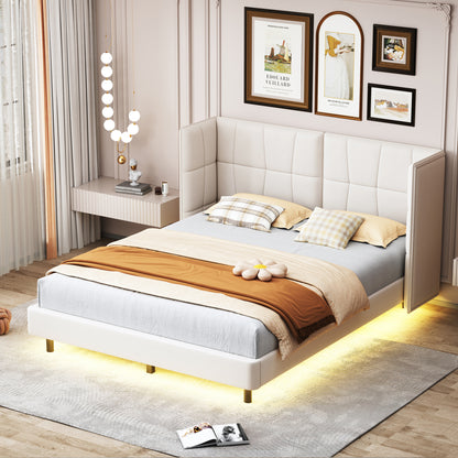 Cama Queen Size con plataforma tapizada, luces LED y cabecero en forma de U, tela de lino, color beige