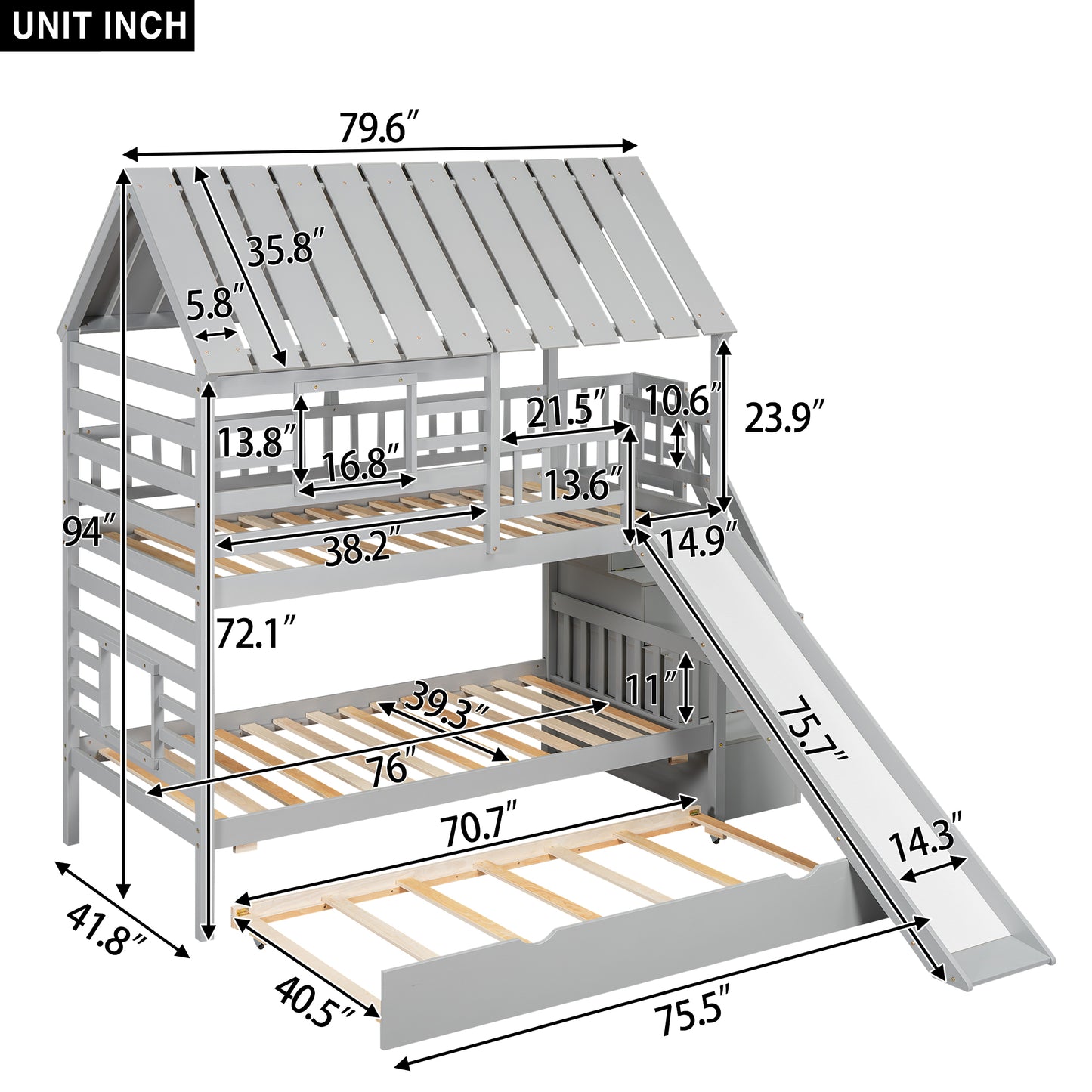 Twin House bunk bed with truncated and sliding storage staircase.