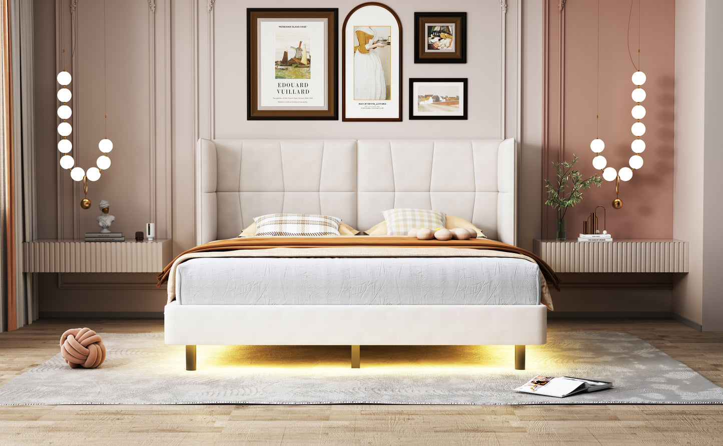 Cama Queen Size con plataforma tapizada, luces LED y cabecero en forma de U, tela de lino, color beige