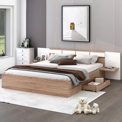 Cama Queen Size con plataforma, cabecero, cajones, estantes, puertos USB y enchufes, color natural