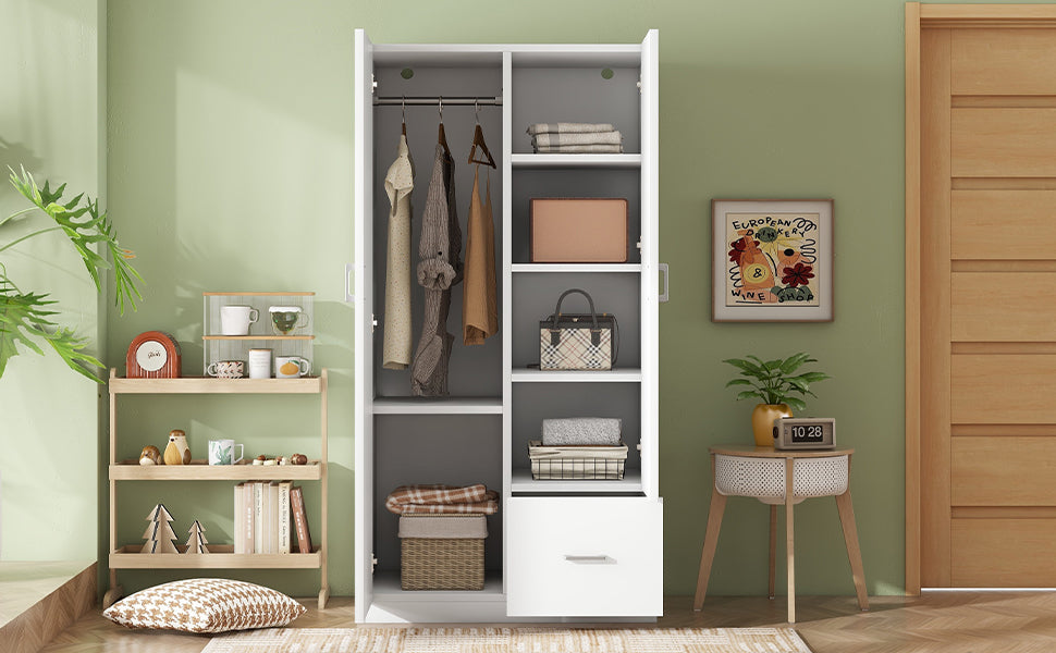 Wooden cabinet with double doors. (5 fixed shelves).