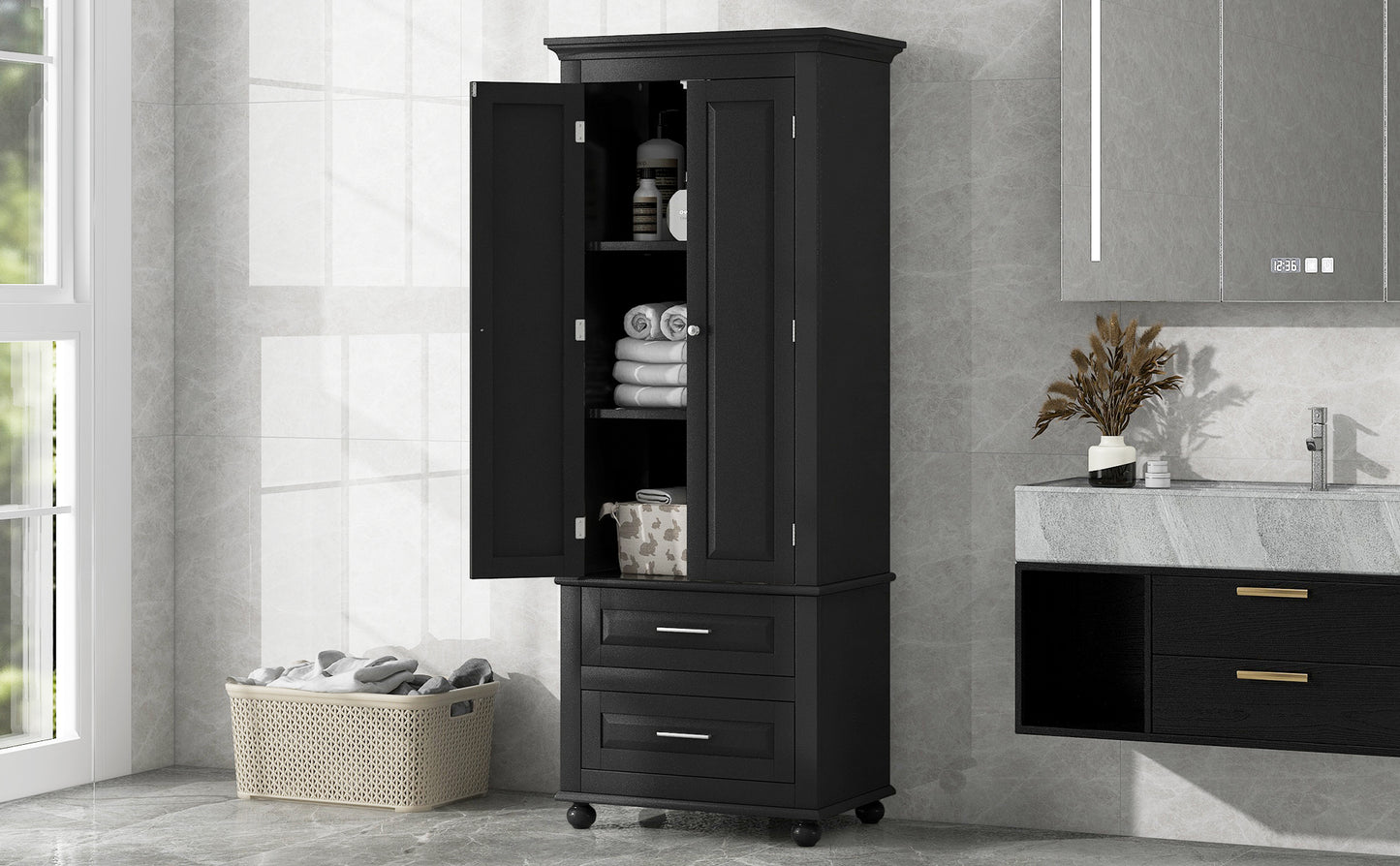 Large storage cabinet with two drawers.