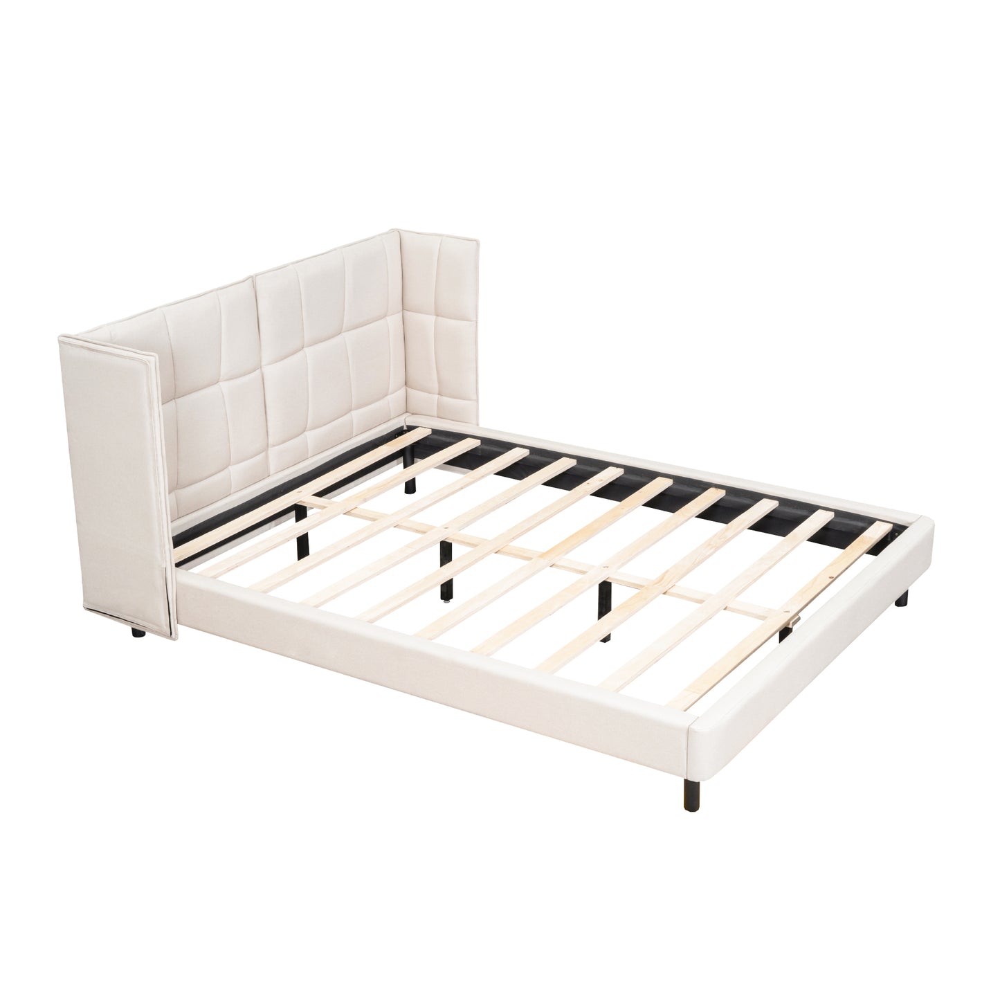 Cama Queen Size con plataforma tapizada, luces LED y cabecero en forma de U, tela de lino, color beige