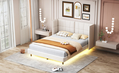 Cama Queen Size con plataforma tapizada, luces LED y cabecero en forma de U, tela de lino, color beige