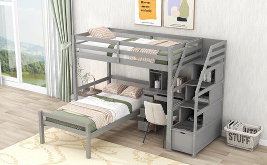 Double loft bed with freestanding bed, storage staircase + desk.