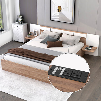 Cama Queen Size con plataforma, cabecero, cajones, estantes, puertos USB y enchufes, color natural