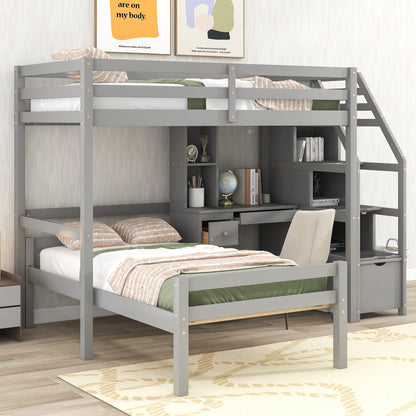 Double loft bed with freestanding bed, storage staircase + desk.