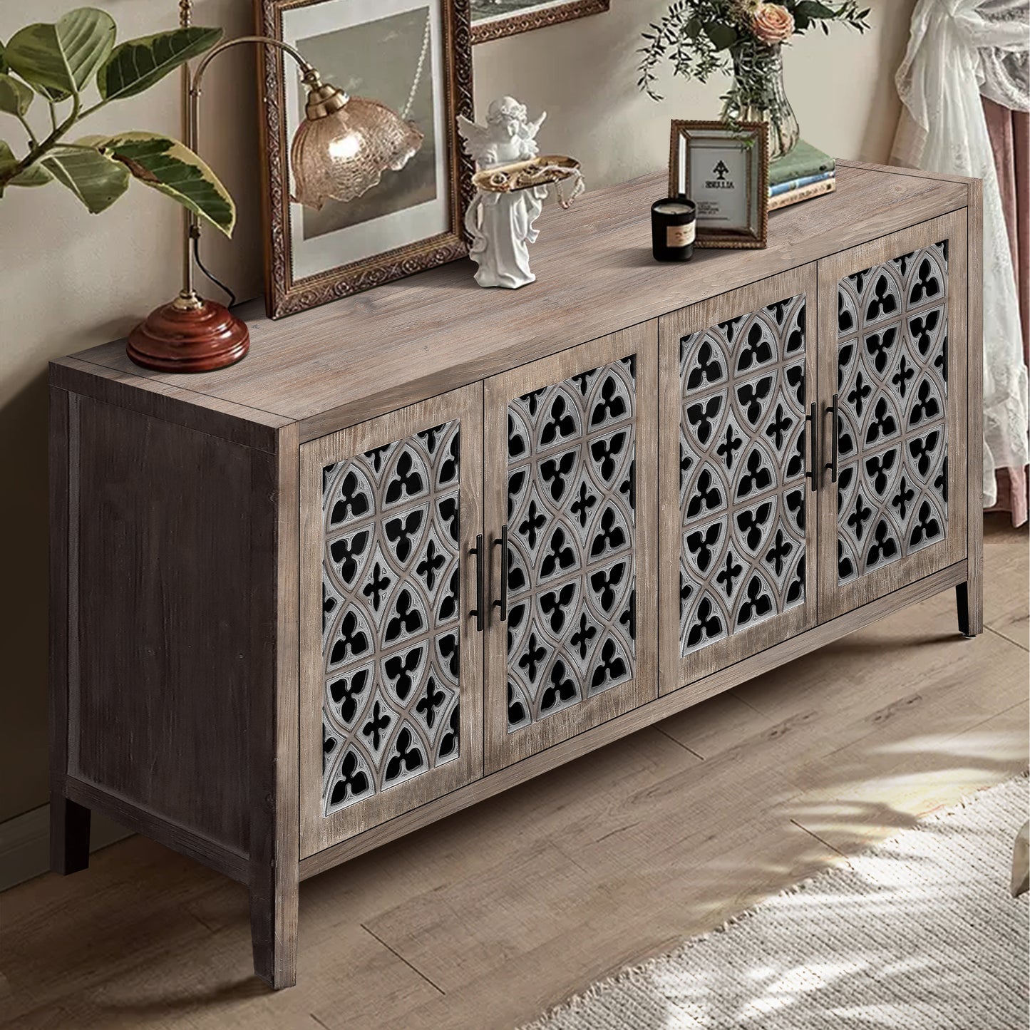 Wooden sideboard with arabesque patterned doors