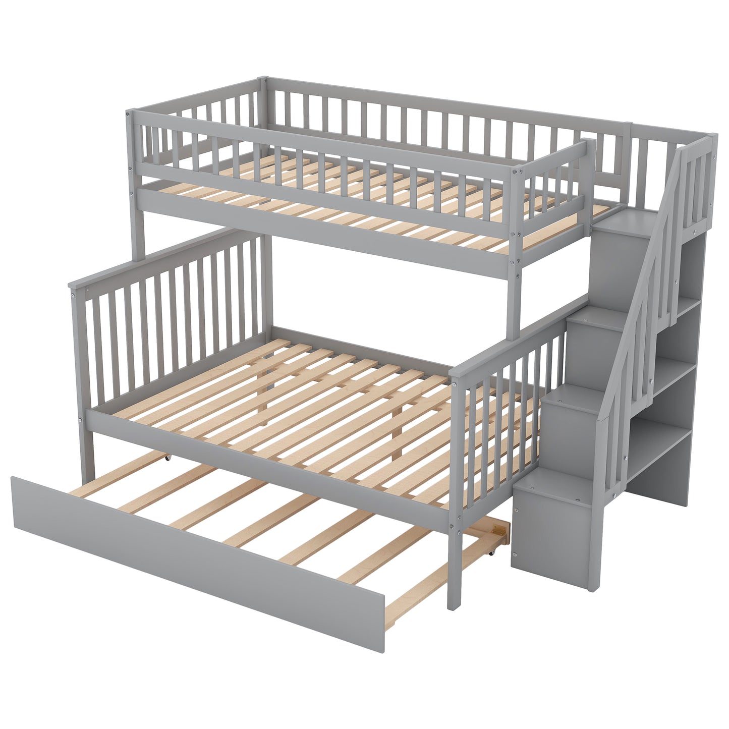 Bunk Bed with Trundle and Staircase Gray