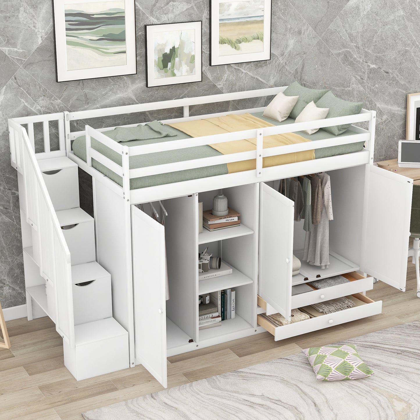 Functional loft bed with 3 shelves, 2 wardrobes and 2 drawers, ladder with storage.