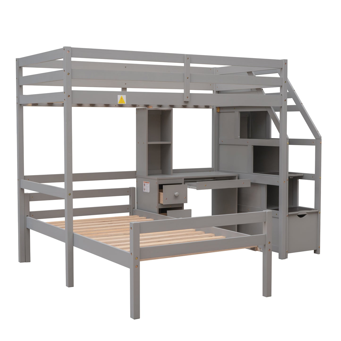 Double loft bed with freestanding bed, storage staircase + desk.