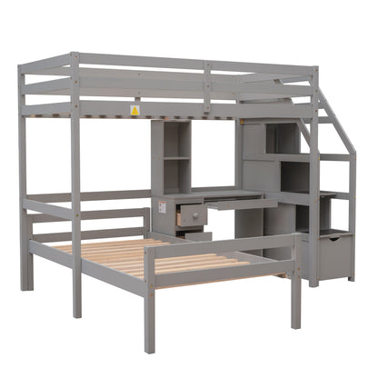 Double loft bed with freestanding bed, storage staircase + desk.