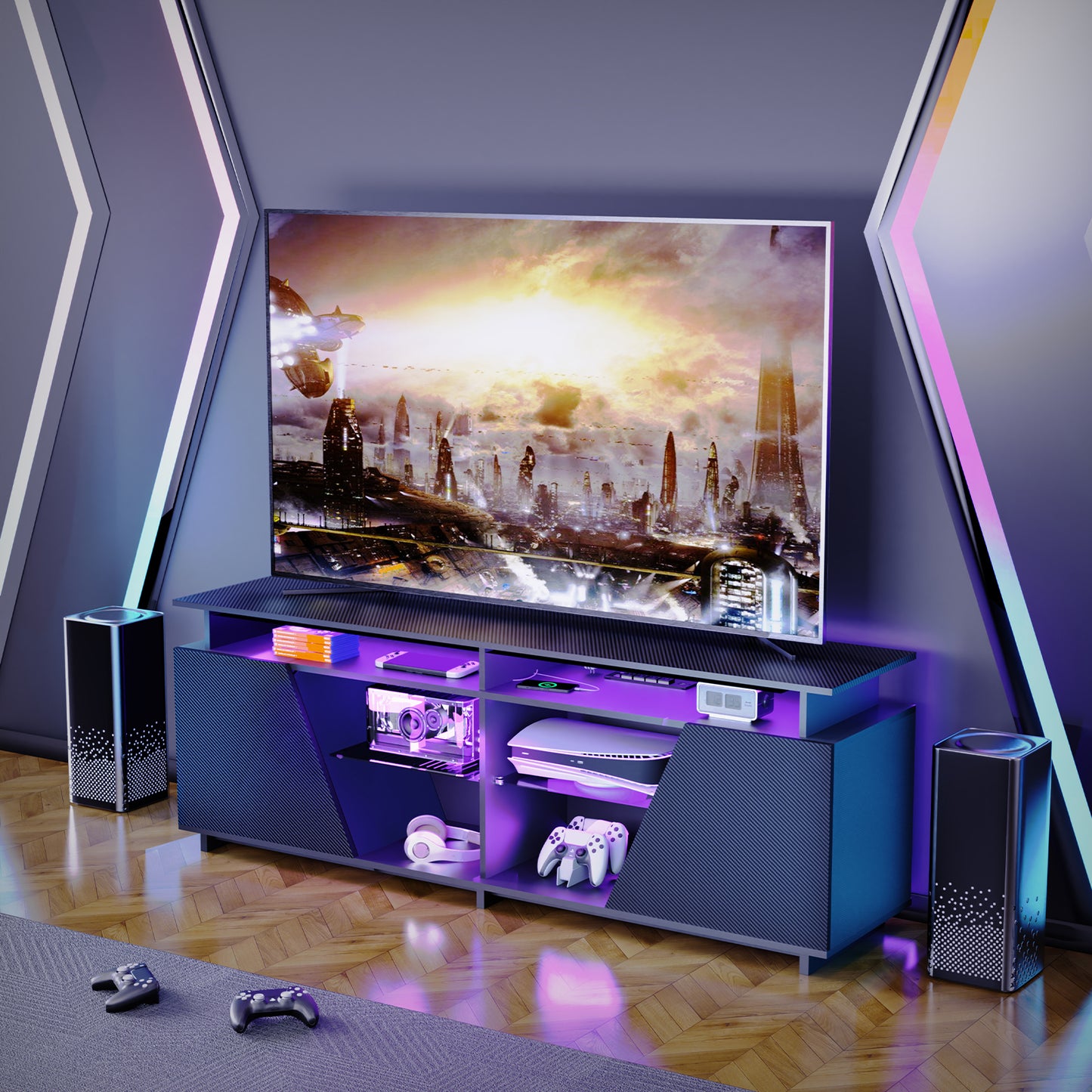 Meuble TV avec prises et LED intégrées.