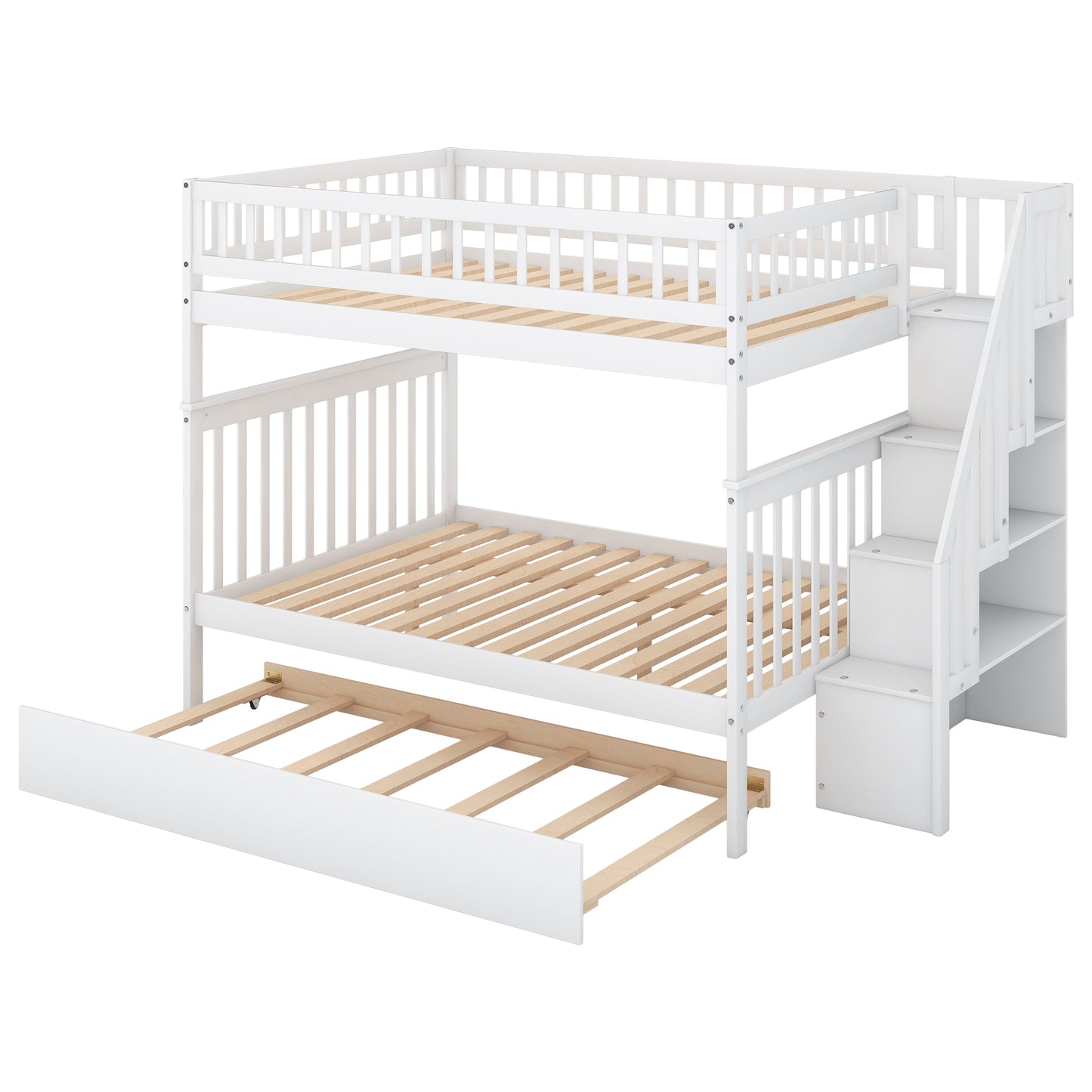 Full bed with trundle bed and white staircase