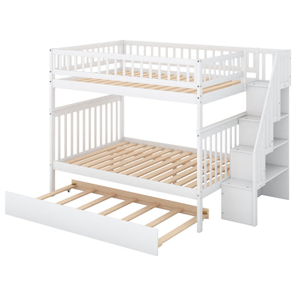 Full bed with trundle bed and white staircase