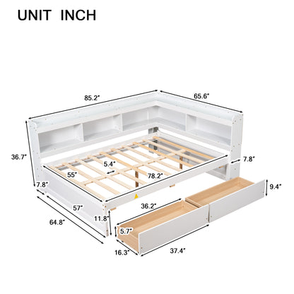 Complete bed with L-shaped bookcases, drawers, white