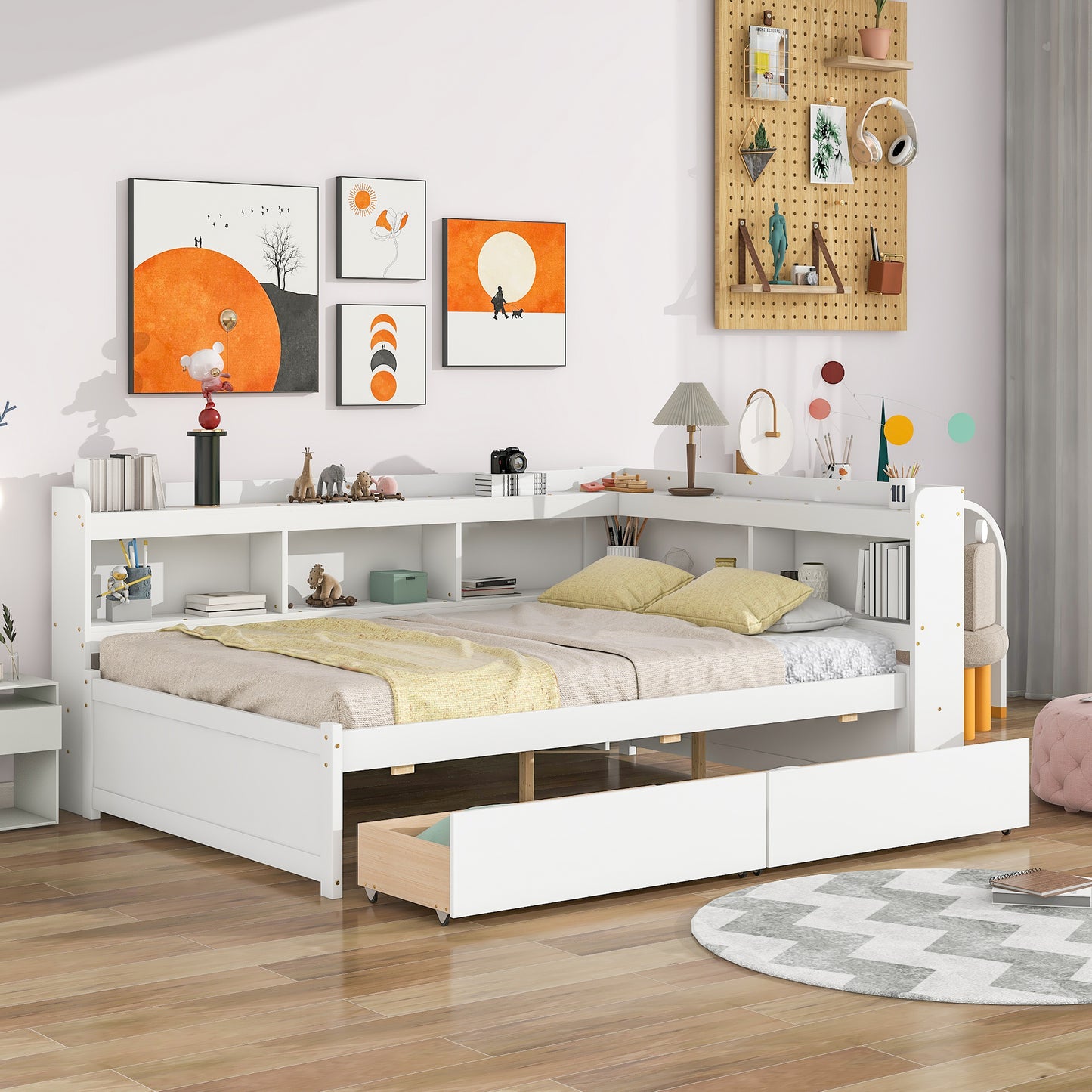 Complete bed with L-shaped bookcases, drawers, white