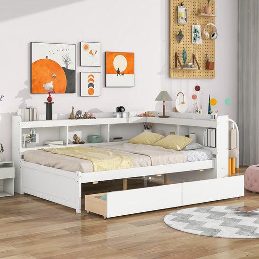 Cama completa con librerías en L, cajones, color blanco.