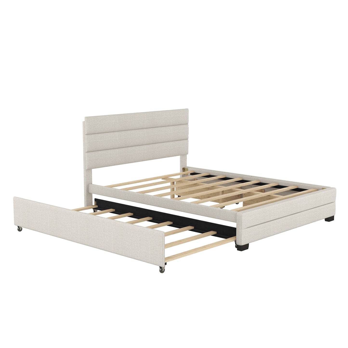 Cama Queen tapizada con plataforma, cama nido doble y dos cajones en color beige