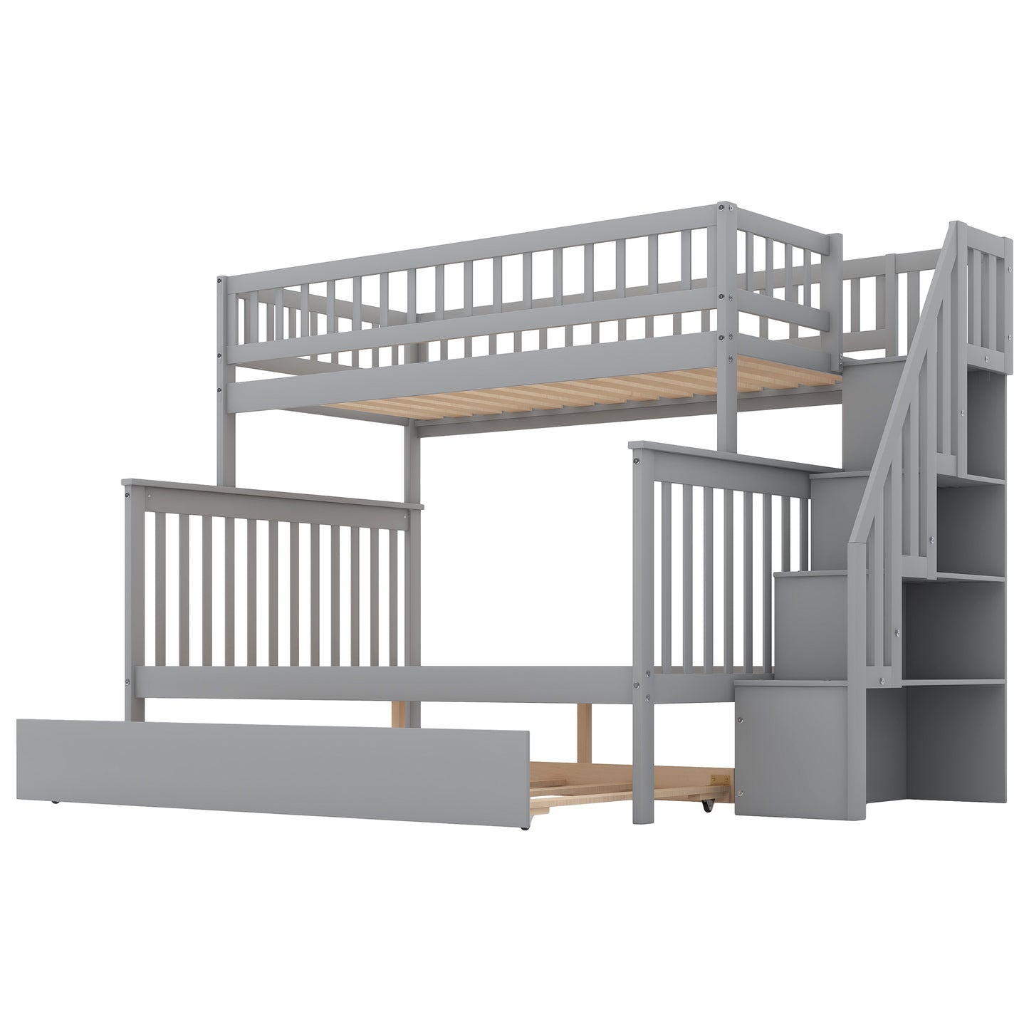 Bunk Bed with Trundle and Staircase Gray