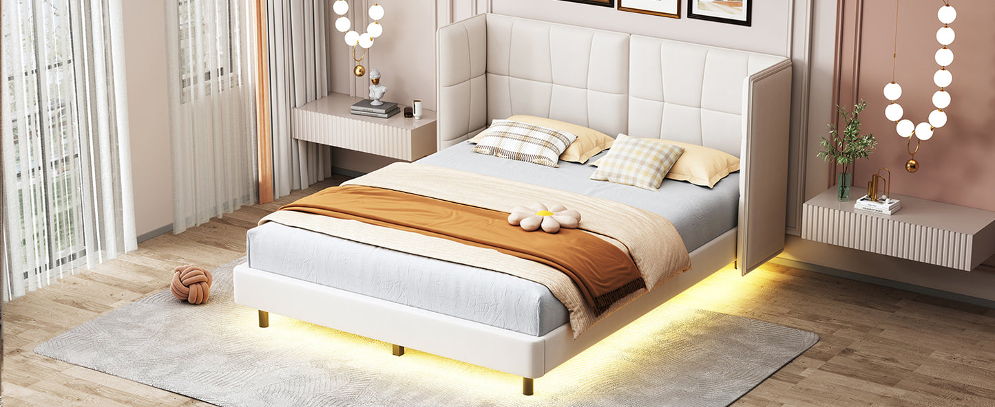 Cama Queen Size con plataforma tapizada, luces LED y cabecero en forma de U, tela de lino, color beige