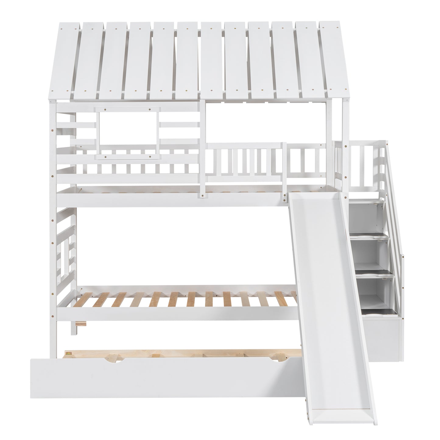 Twin House bunk bed with trundle bed and pull-out storage stairs.