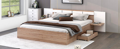 Cama Queen Size con plataforma, cabecero, cajones, estantes, puertos USB y enchufes, color natural