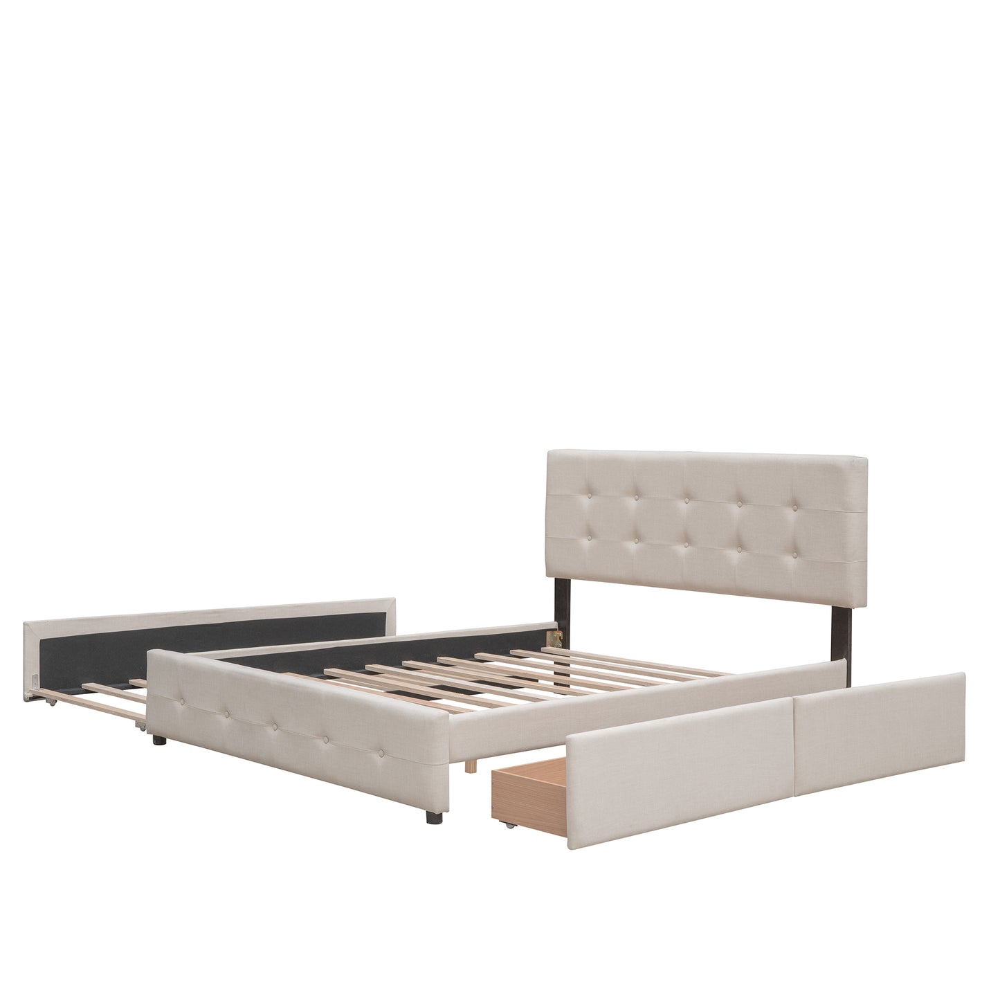 Upholstered Platform Bed with 2 Drawers and 1 Trundle Bed Single XL in Queen Size Linen Fabric - Dark Beige