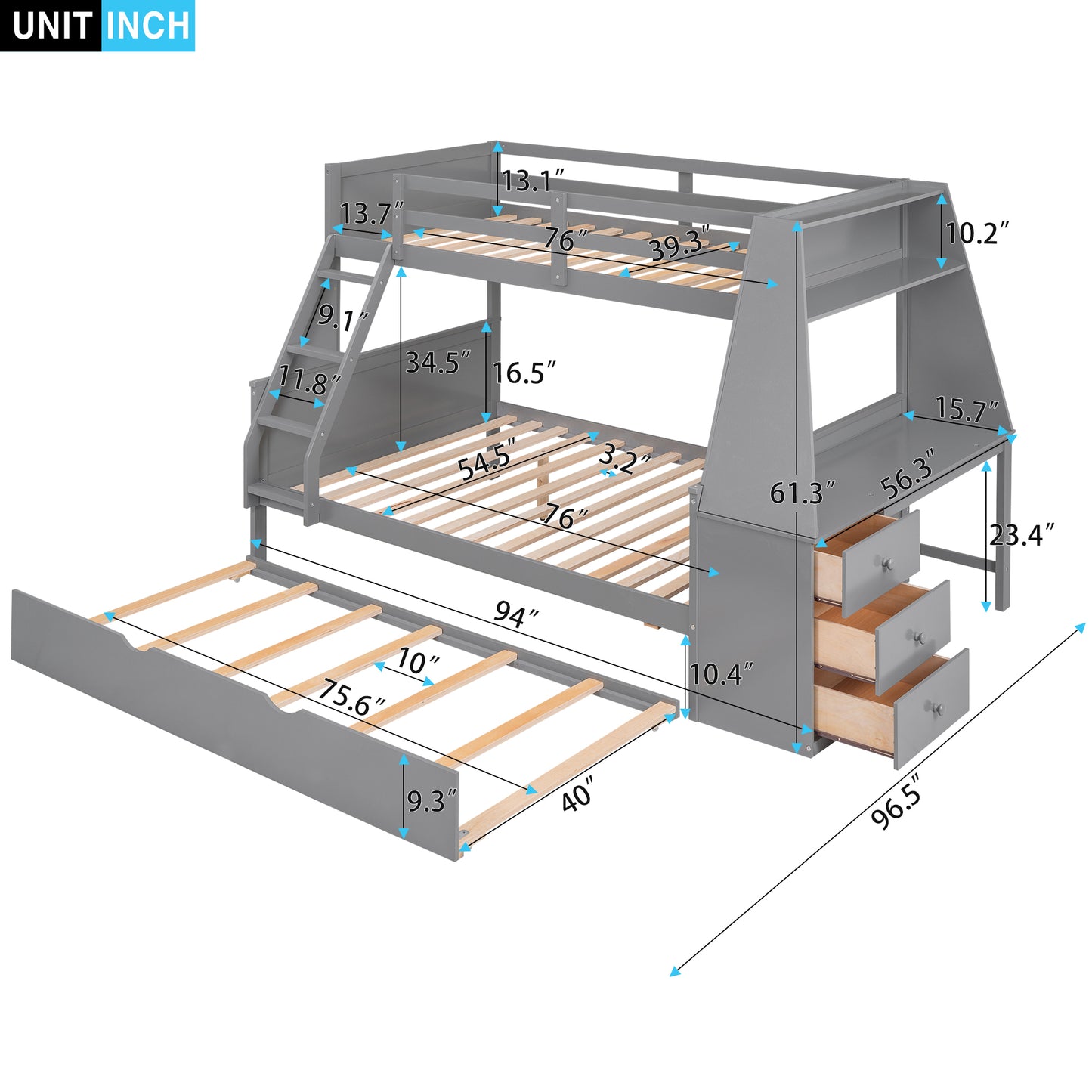 Double bed over full bunk bed with built-in tronde and desk, three storage drawers.