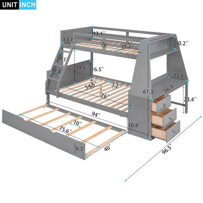 Lit double sur lit superposé complet avec tronde et bureau intégré, trois tiroirs de rangement.