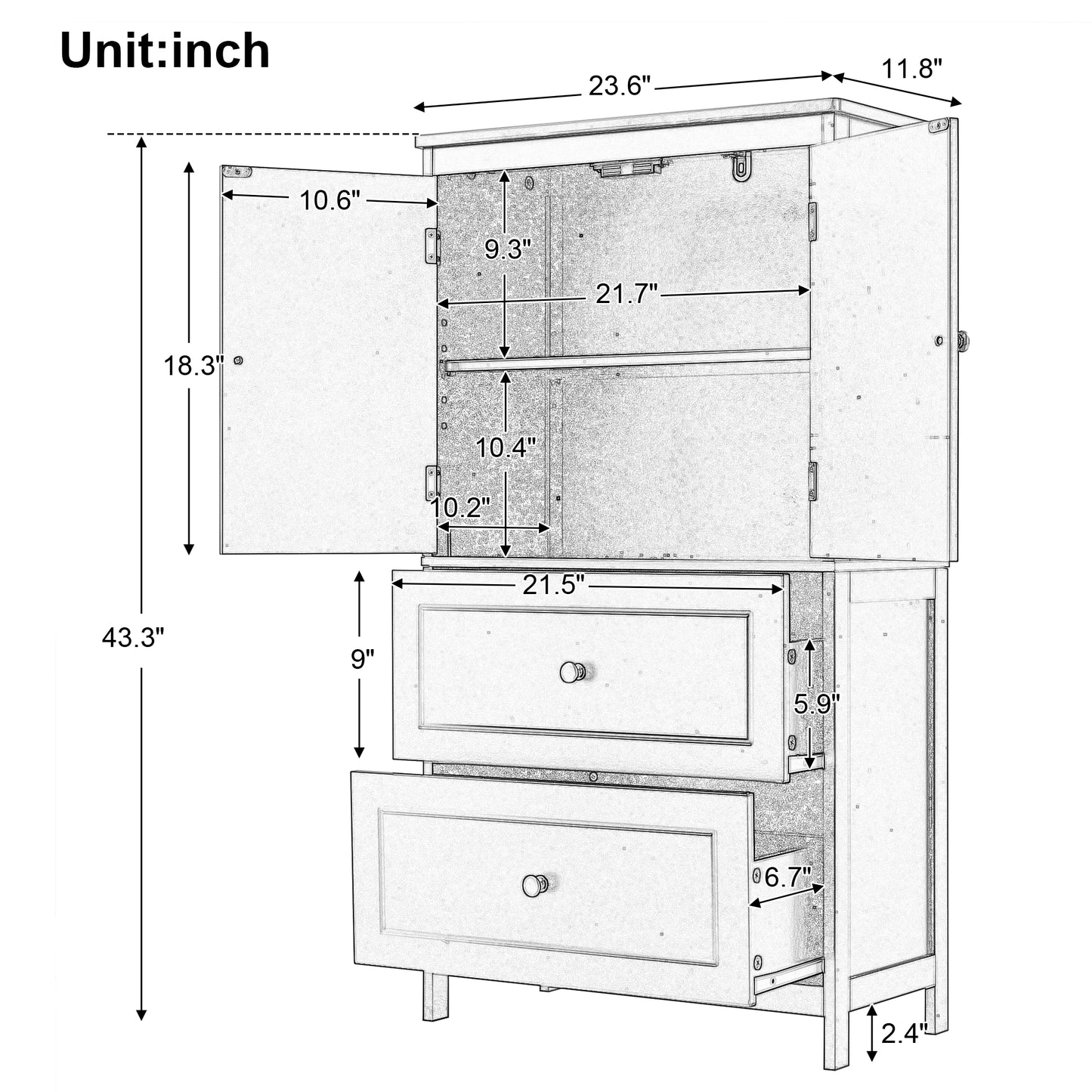 Mueble de baño almacenaje, mueble con dos puertas y cajones, balda regulable.