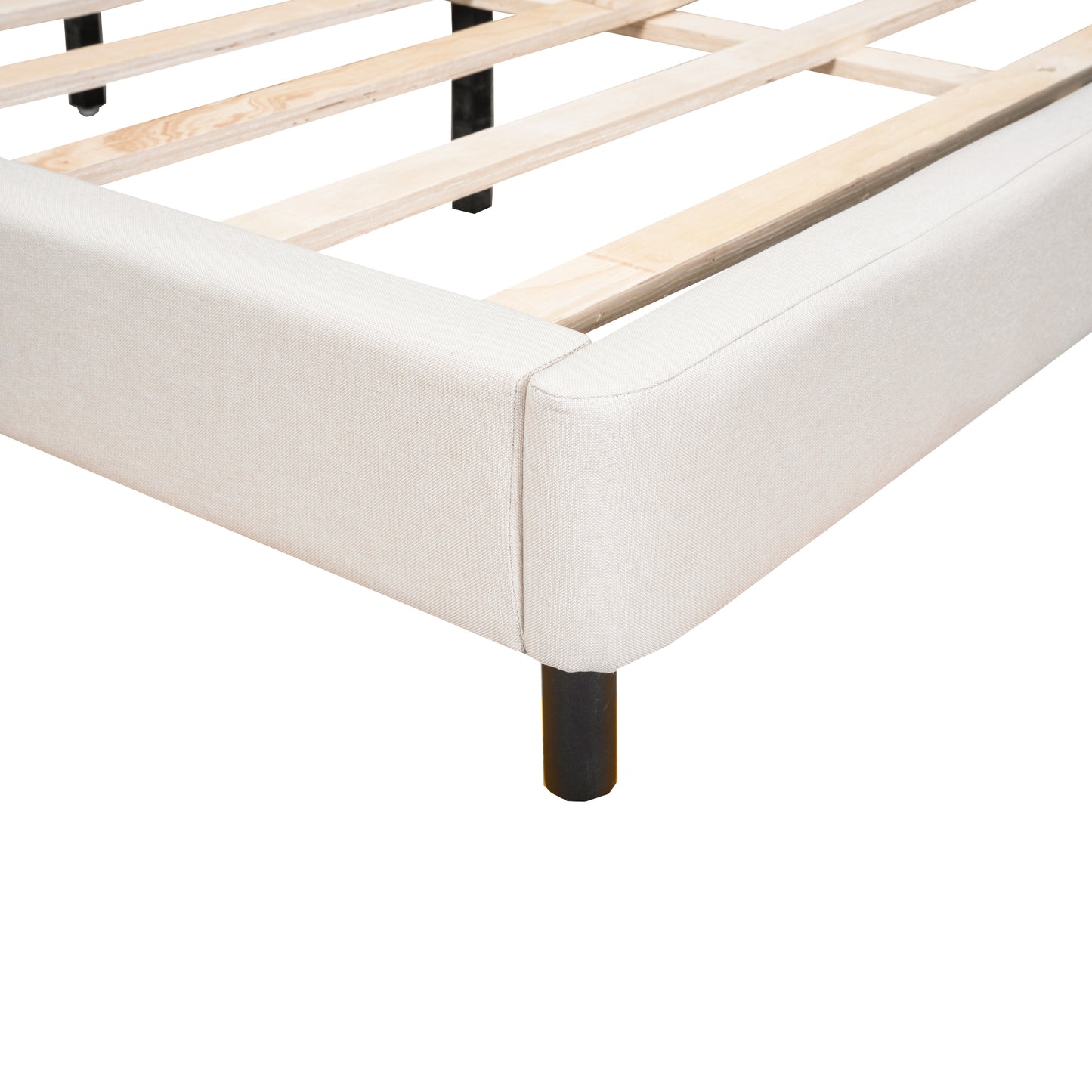 Cama Queen Size con plataforma tapizada, luces LED y cabecero en forma de U, tela de lino, color beige