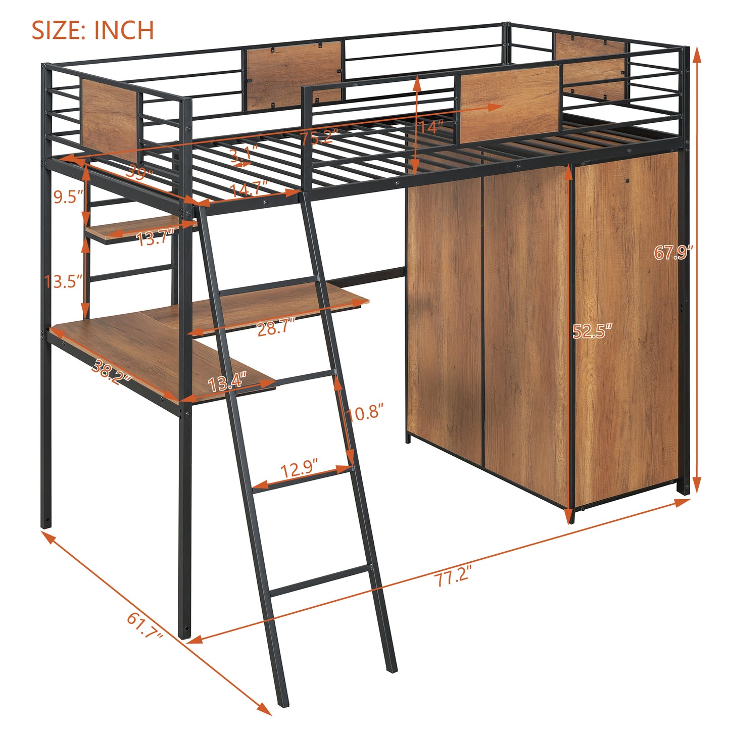 Lit double loft avec bureau en forme de L et garde-robe, noir