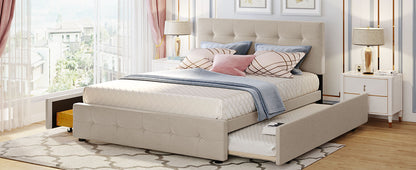 Upholstered Platform Bed with 2 Drawers and 1 Trundle Bed Single XL in Queen Size Linen Fabric - Dark Beige