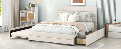 Cama Queen tapizada con plataforma, cama nido doble y dos cajones en color beige