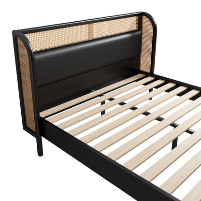 Moderna cama tamaño queen con plataforma de madera de ratán color negro