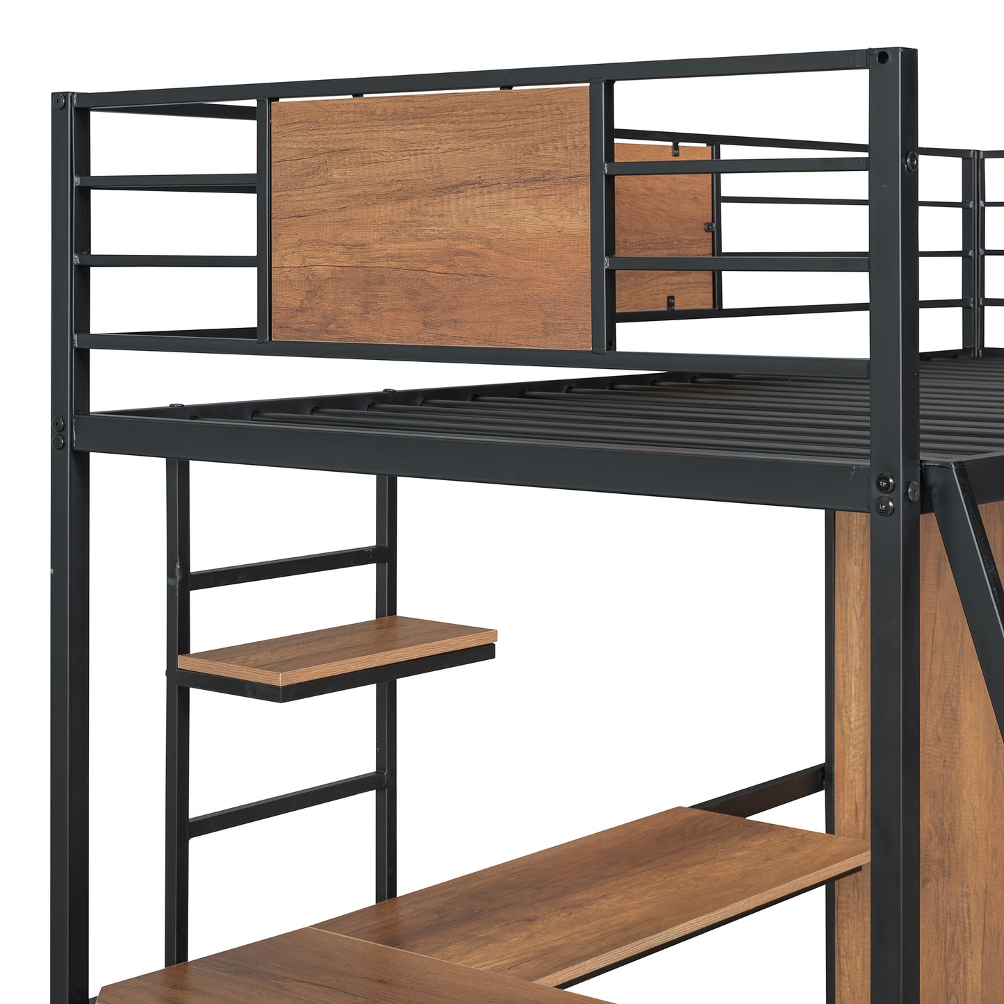 Lit double loft avec bureau en forme de L et garde-robe, noir