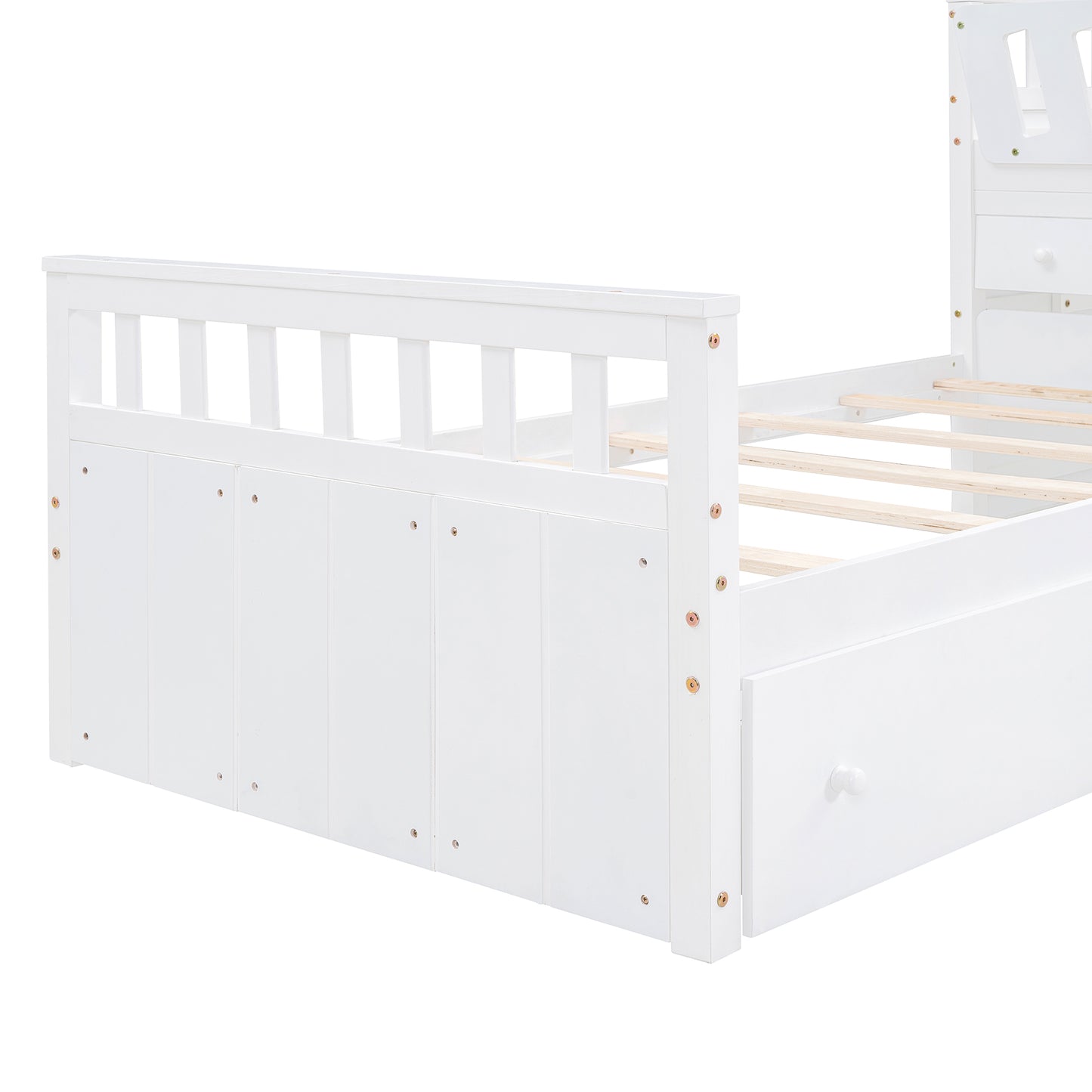 L-shaped double loft bed with 7 drawers and full guardrails.