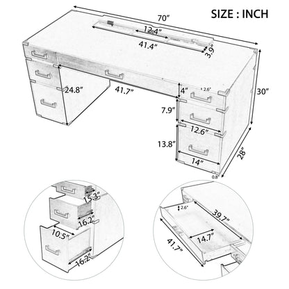 Escritorio ejecutivo clásico y tradicional de 70 pulgadas con borde de metal, escritorio con dos cajones para archivos, puertos USB y tomas de corriente, color negro