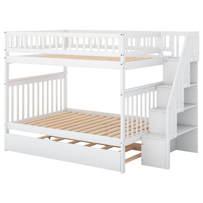 Full bed with trundle bed and white staircase