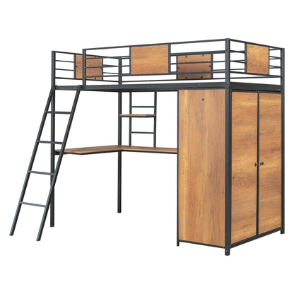 Lit double loft avec bureau en forme de L et garde-robe, noir