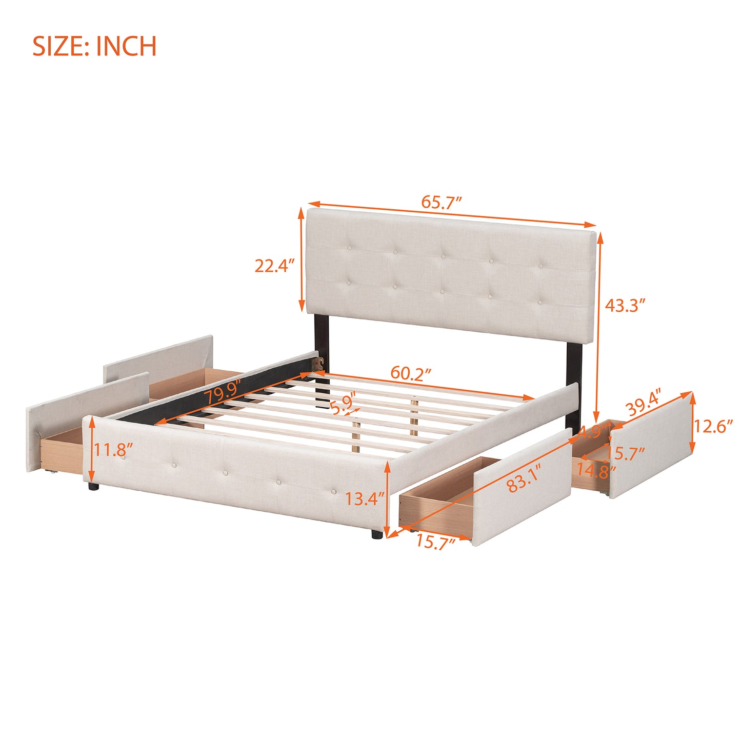 Upholstered platform bed with classic headboard and 4 drawers.