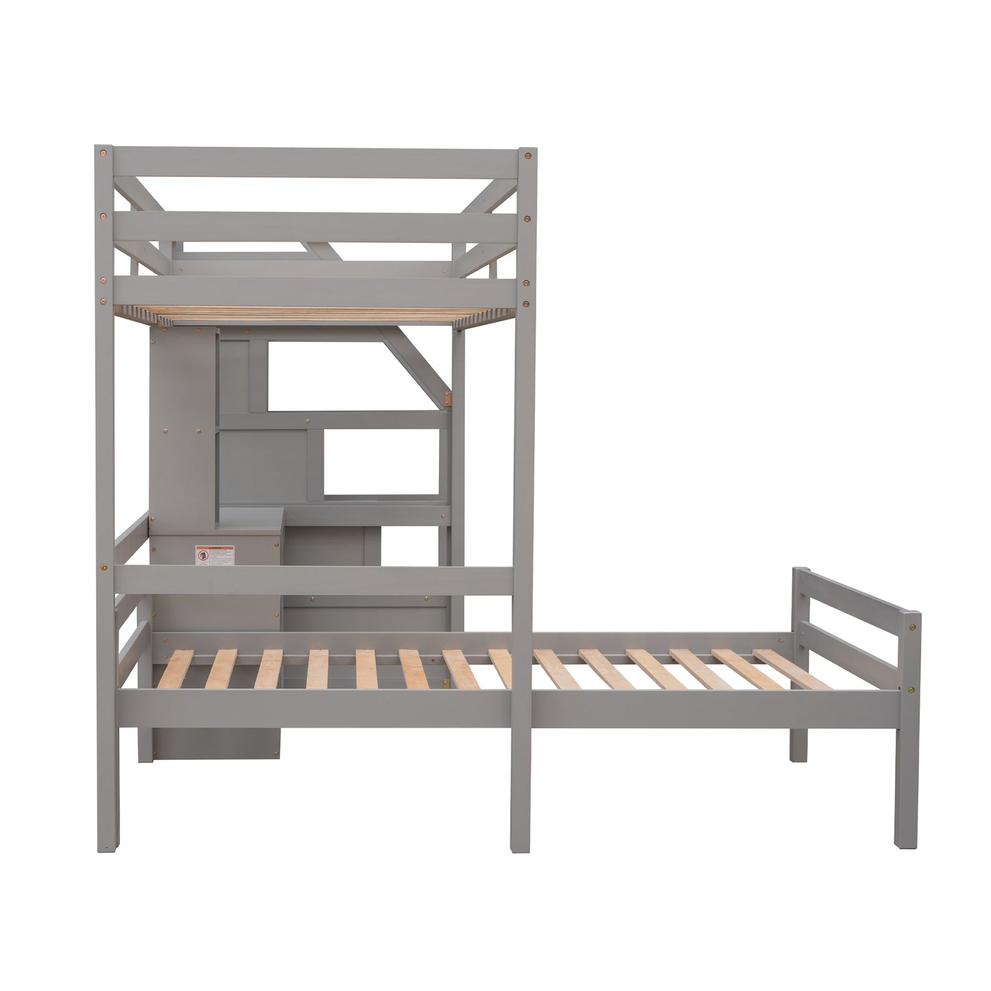 Double loft bed with freestanding bed, storage staircase + desk.