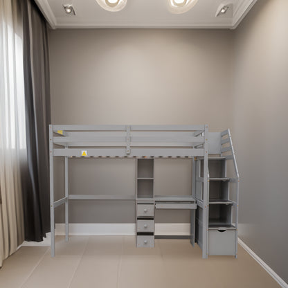 Double loft bed with freestanding bed, storage staircase + desk.