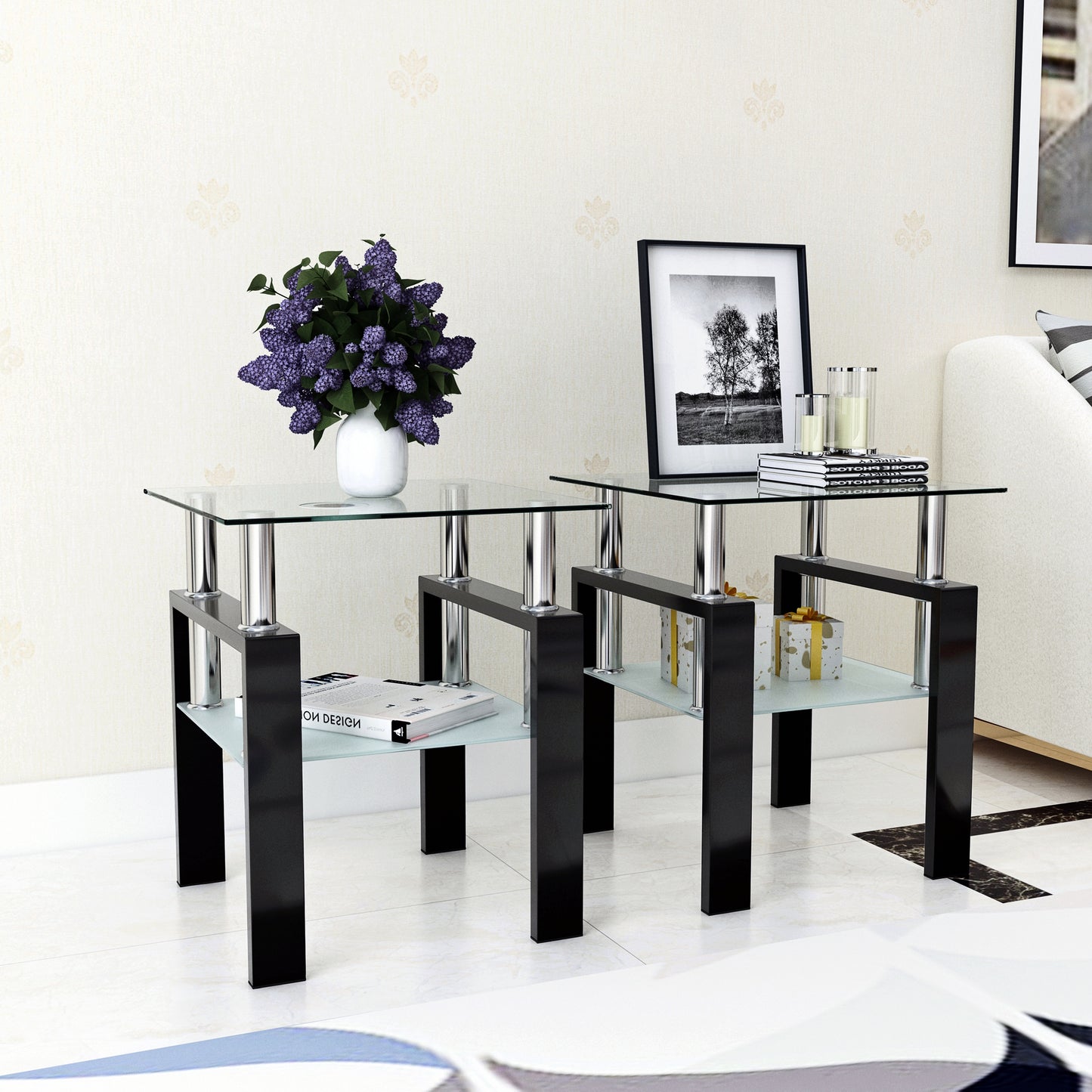 Ensemble de deux table d'appoints modernes en verre trempé