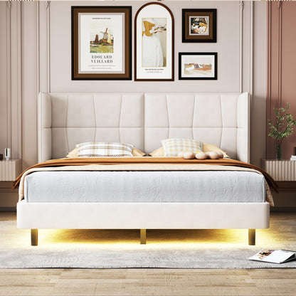 Cama Queen Size con plataforma tapizada, luces LED y cabecero en forma de U, tela de lino, color beige