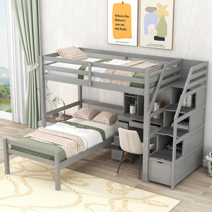 Double loft bed with freestanding bed, storage staircase + desk.