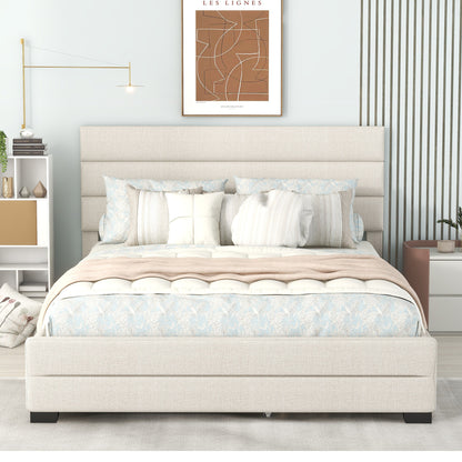 Queen Upholstered Platform Bed with Twin Trundle and Two Drawers Beige